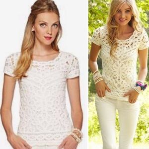 LN Lilly Pulitzer Jamie Cameo White Battenberg Eyelet Scalloped Lace Top - XS
